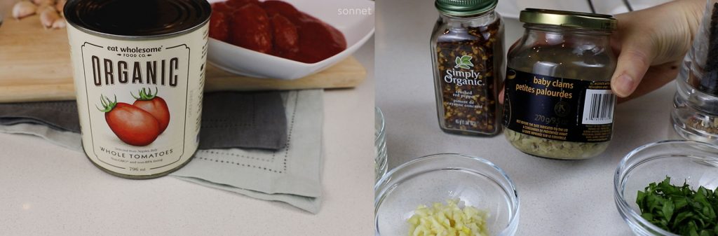 canned whole tomato, baby clams